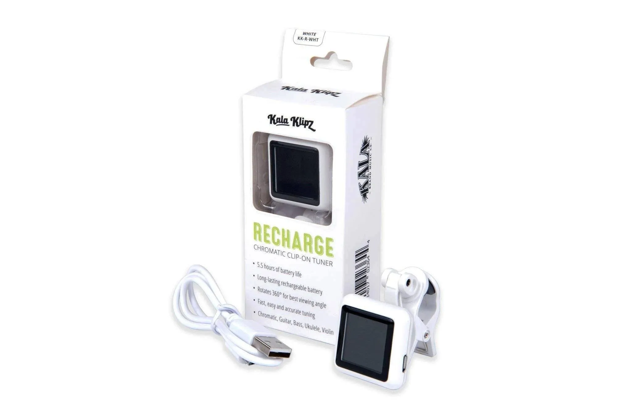 Kala Klipz Rechargeable Ukulele or Guitar Tuner- White