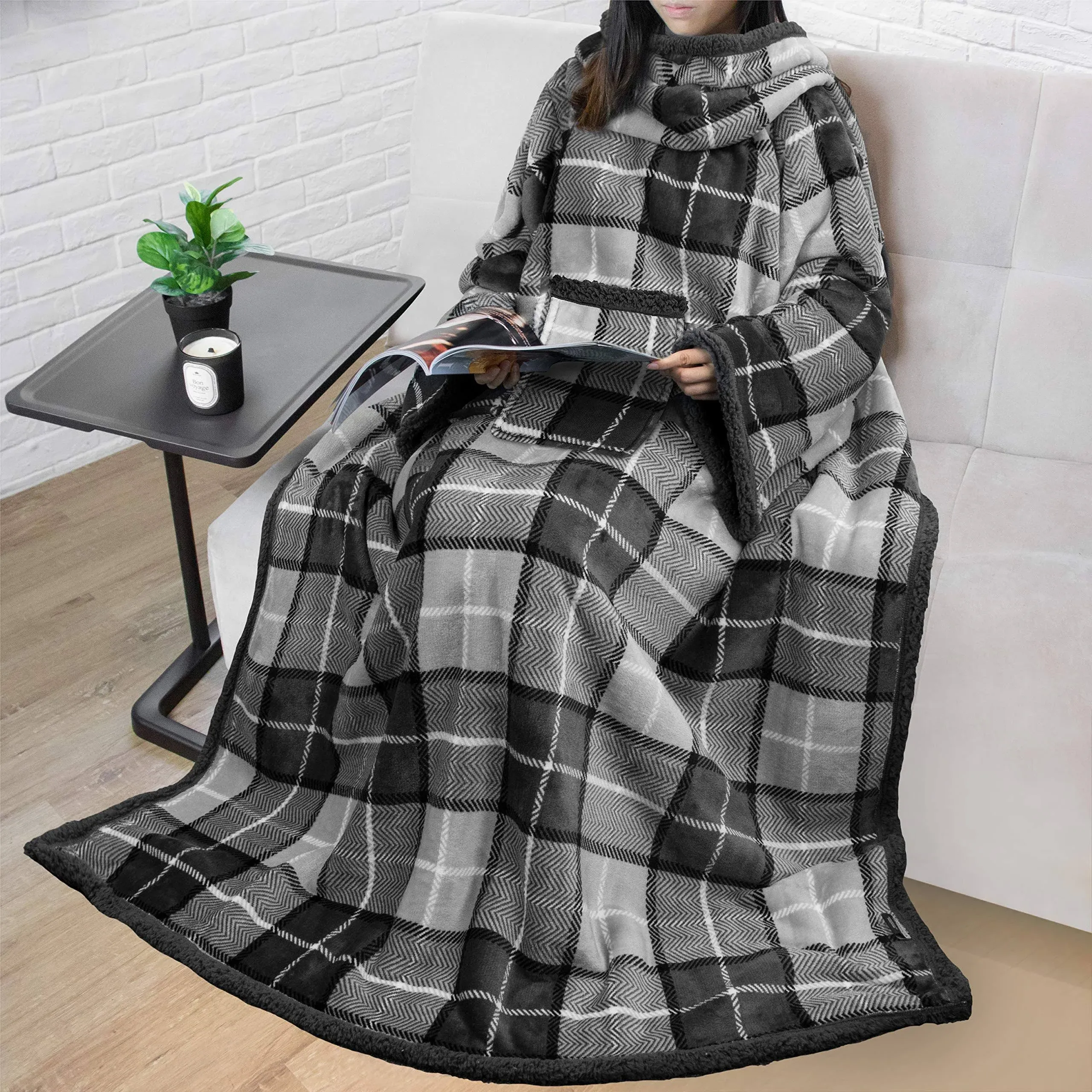 PAVILIA Sherpa Fleece Blanket with Sleeves Women Men Adult, Wearable Blanket Warm ...