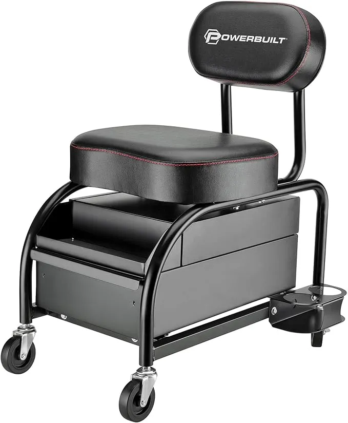 Powerbuilt Professional Car Detailers Mechanics Roller Seat, Heavy Duty Garage Stool with Thick Padded Seat and Backrest, 2 Sliding Storage Drawers, Tool Tray, Can Holders, 3in. Swivel Casters–240299