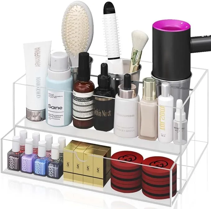 AKTOP Hair Tool Organizer - Clear Acrylic Hair Dryer Holder with Drawer, Hair Styling Tools & Accessories Organizer, Bathroom Vanity Countertop Storage for Flat Irons, Curling Irons - Hold Hot Tools