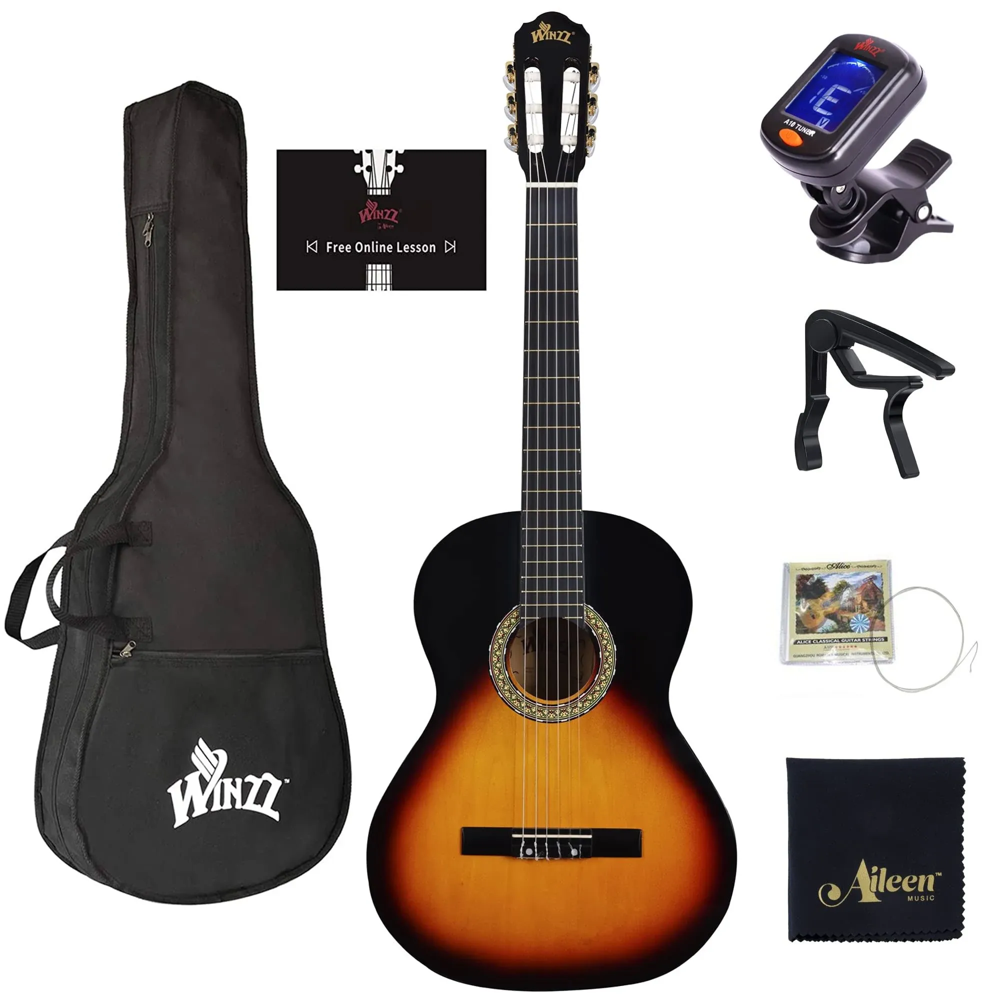 WINZZ AC00LH 39 Inches Full Size Classical Guitar Beginner Acoustic Nylon Strings ...