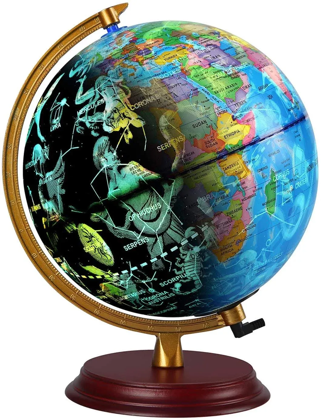 TTKTK Illuminated World Globe for Kids with Wooden Stand 7 in 1- Night View Stars ...