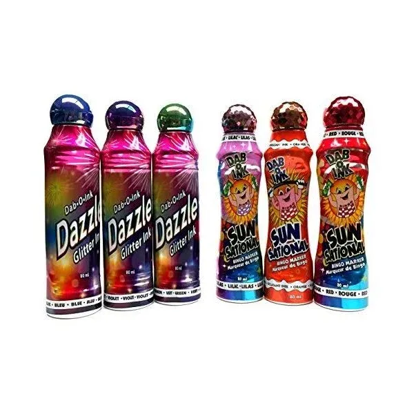 Dazzle & Sunsational Bingo Dauber Colors Set! Mixed with 3 Dazzle Glitter & 3 Ultra Bright Sunsational Ink Dabbers