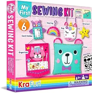 KRAFUN My First Sewing Kit for Beginner Kids Arts & Crafts, 7 Easy DIY Projects of Stuffed Animal Dolls and Plush Pillow Craft, Instructions & Felt, Gift for Girls, Boys, Learn to Sew, Embroidery