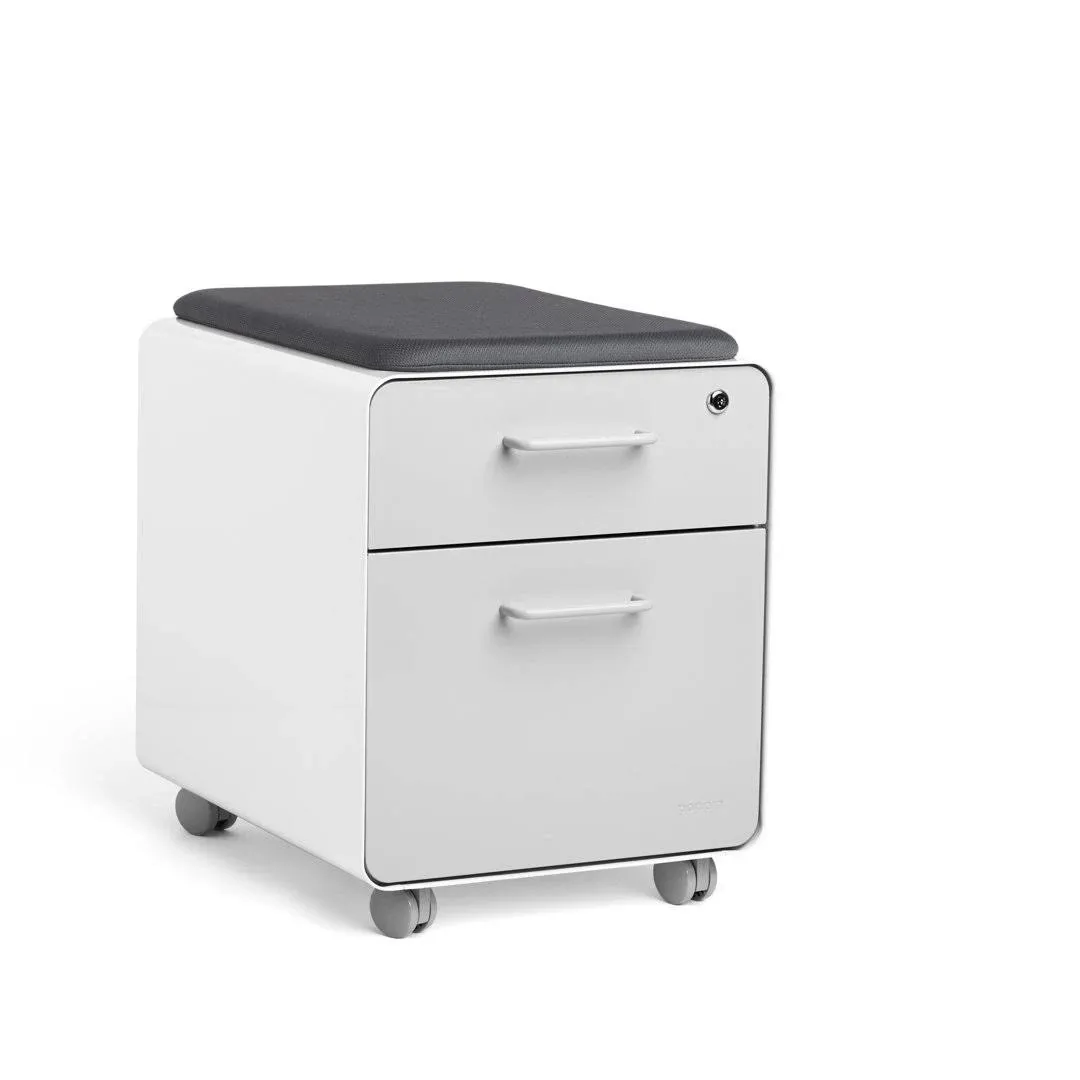 Poppin Mobile Mini Sittable Stow Rolling File Cabinet - White & Light Gray w Dark Gray Seat Cushion. Two Locking Drawers & One Key Lock. Two Keys Included. One Utility Drawer & One Hanging File Drawer