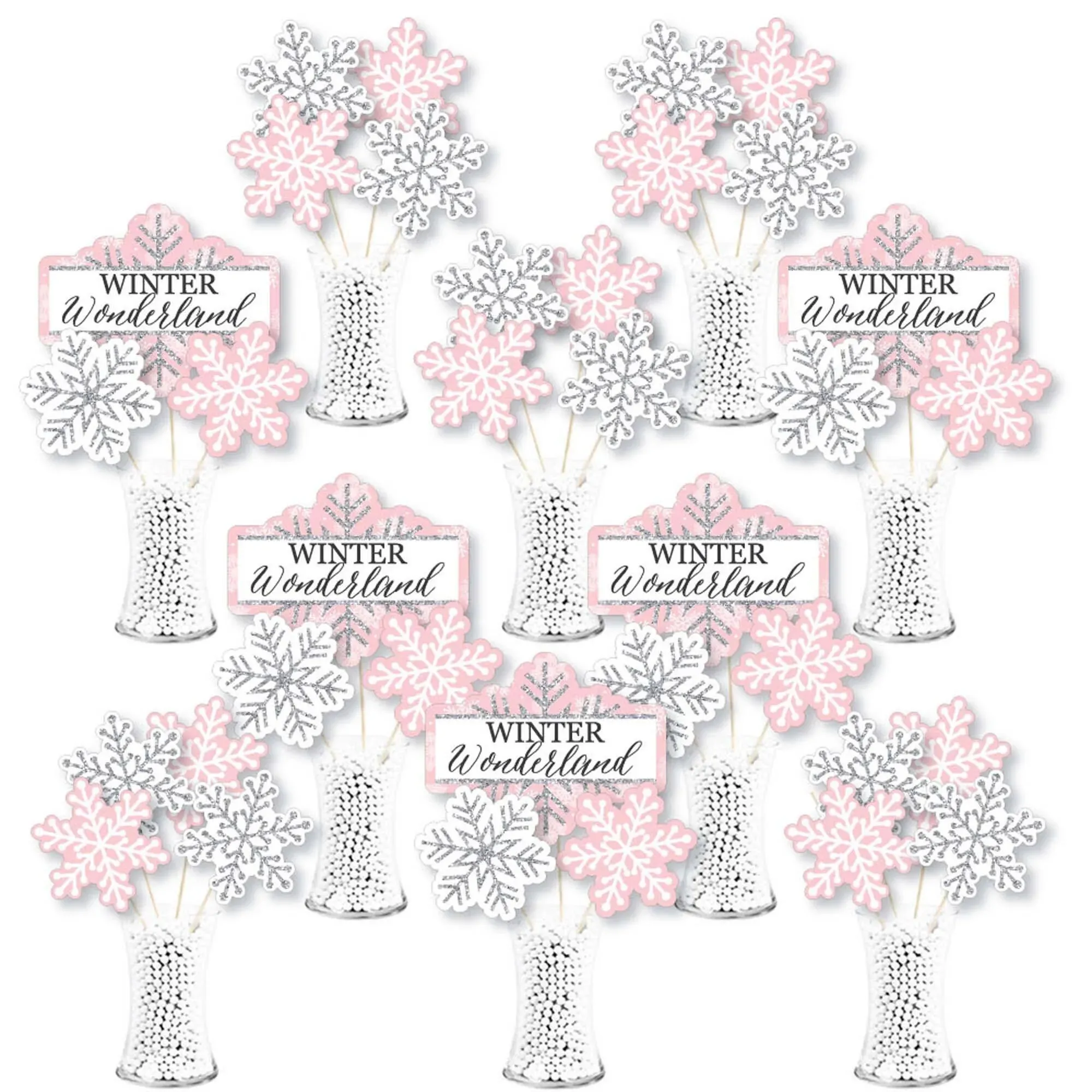 Big Dot of Happiness Pink Winter Wonderland - Holiday Snowflake Birthday Party and Baby Shower Centerpiece Sticks - Showstopper Table Toppers - 35 Pieces