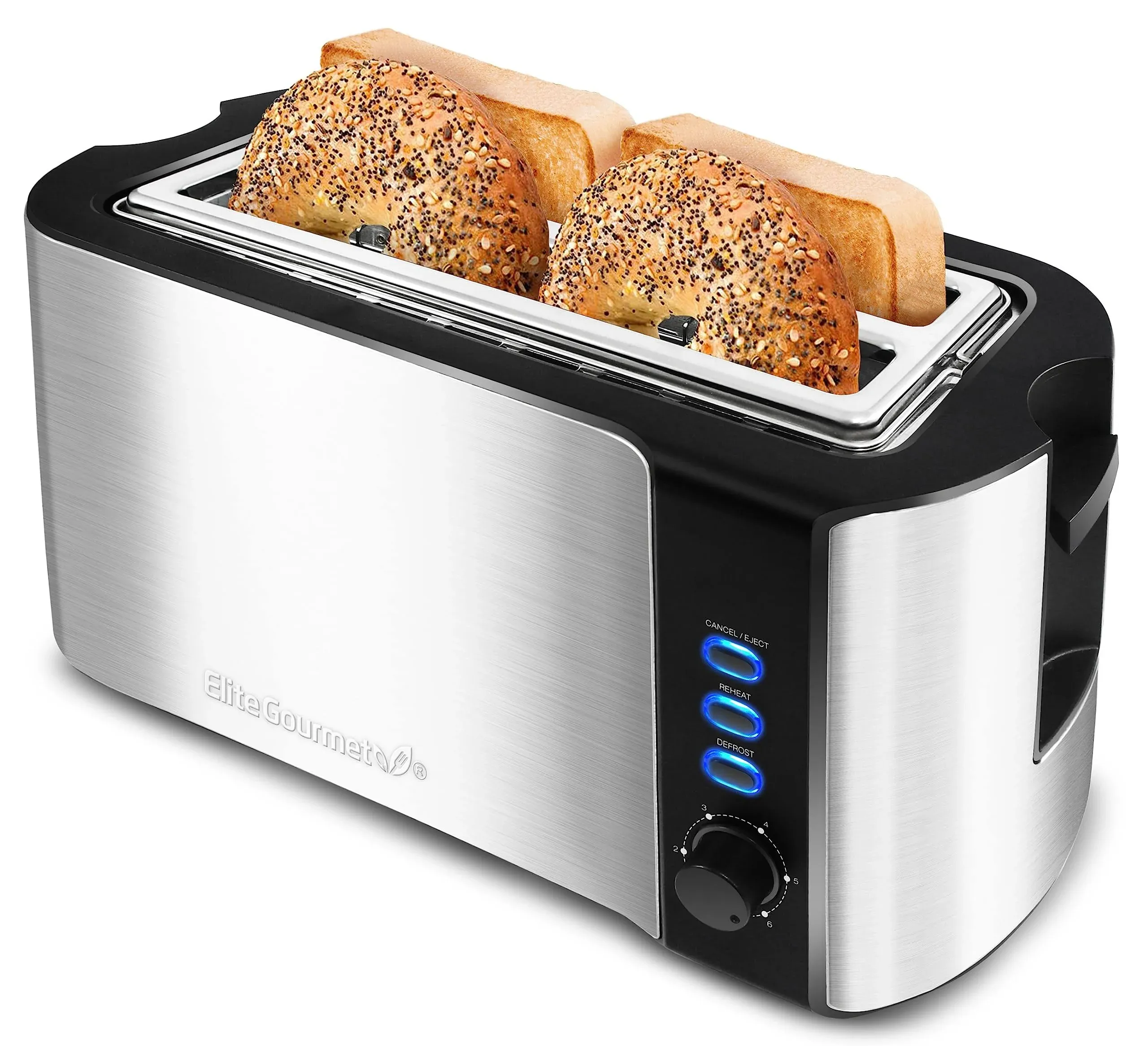 Elite Gourmet ECT-3100## Long Slot 4 Slice Toaster, Reheat, 6 Toast Settings, Defrost, Cancel Functions, Built-in Warming Rack, Extra Wide Slots for Bagels Waffles, Stainless Steel & Black