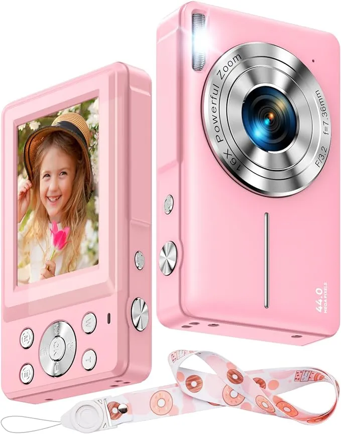 Kids Digital Camera with Lanyard, 1080P Cameras for Photography 44MP Digital Point and Shoot Camera, Anti-Shake Vlogging Camera with 16X Zoom, Small Camera for Boys Girls Teens Students(Pink)Kids Digital Camera with Lanyard, 1080P Cameras for…