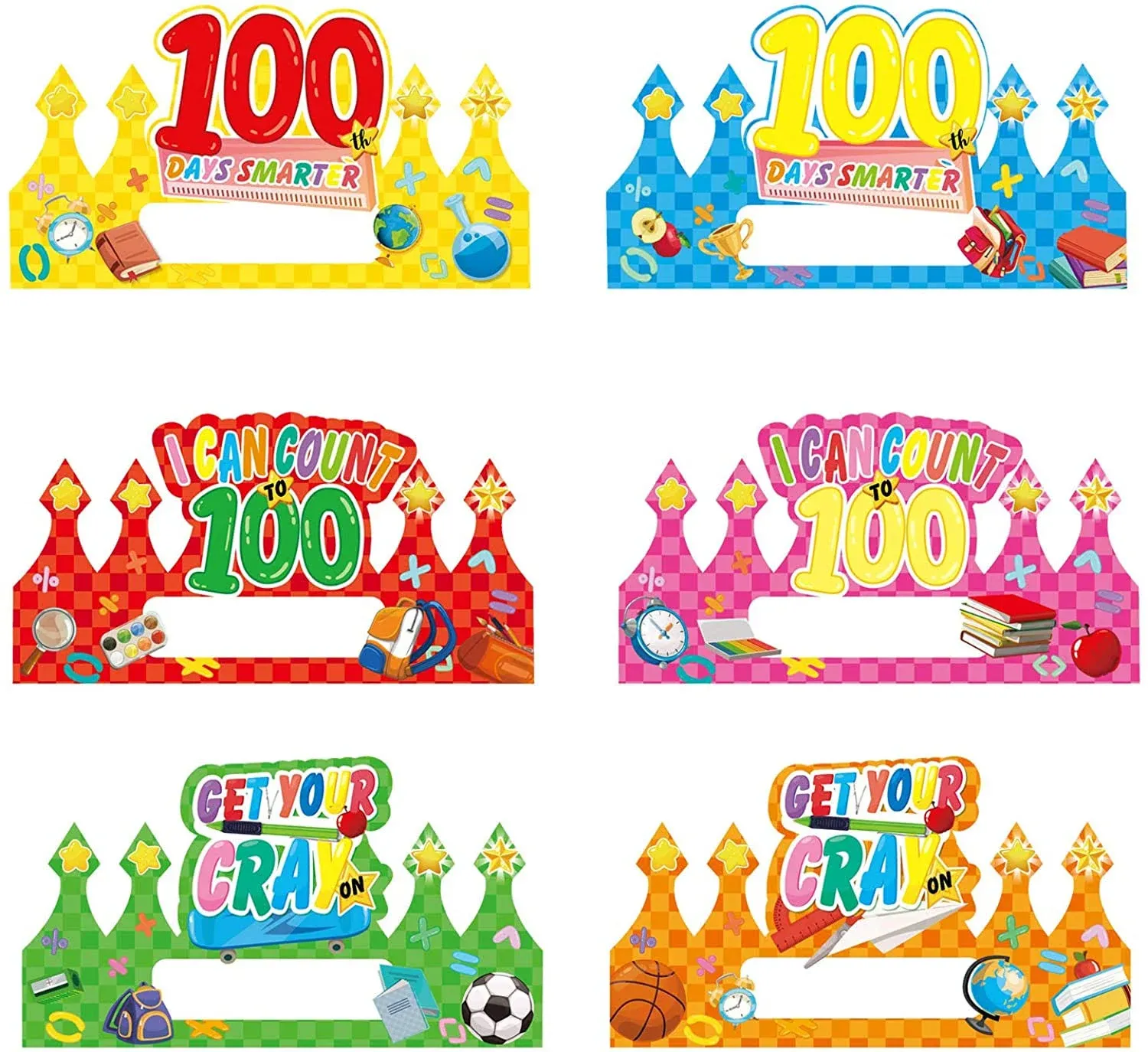 chiazllta 36 Pcs 100 Days Paper Crowns, Name DIY 100th Day of School Paper Party Hats 100 Days Celebration Party Favors Supplies for Classroom School Decor,6 Styles