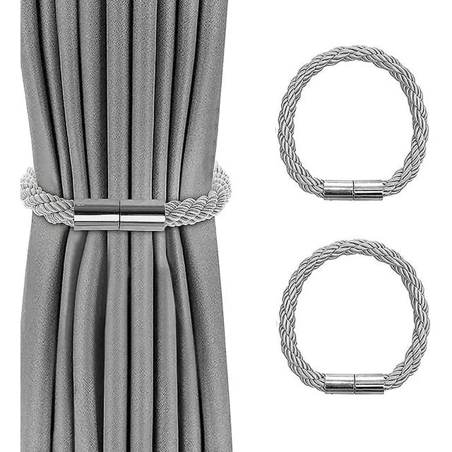 VEGCOO 2 Pack Strong Magnetic Curtain Tiebacks Modern Simple Style Drape Tie Backs Convenient Decorative Weave Rope Curtain Holdbacks for Thin or Thick Home & Office Window Draperies (White)