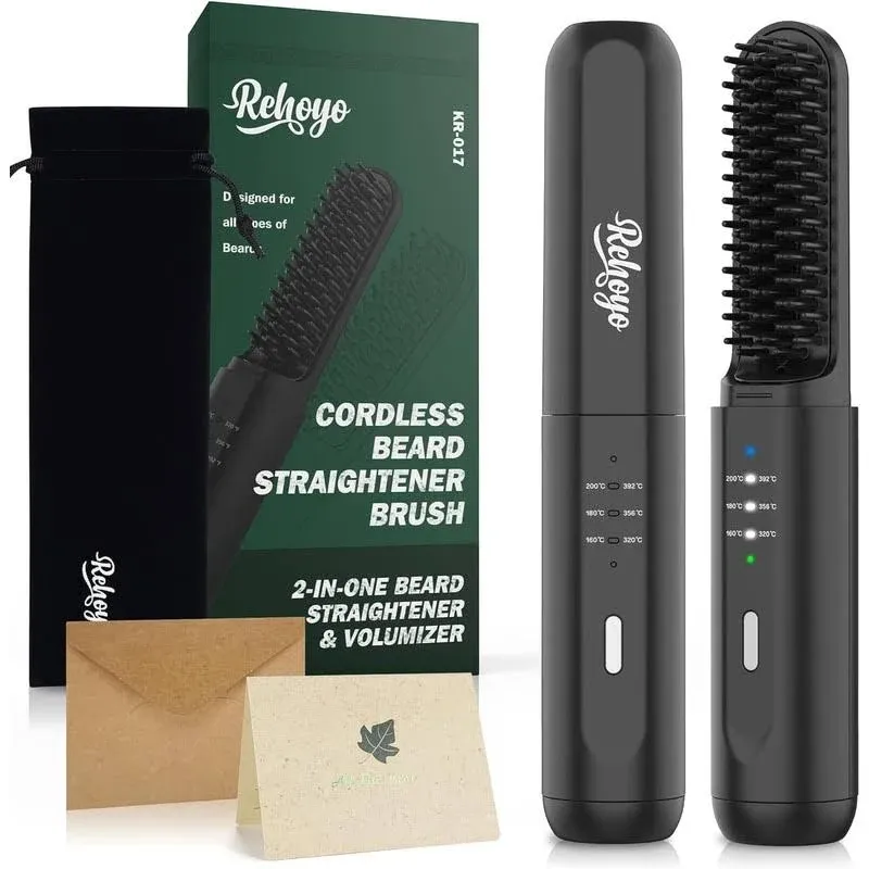 Beard Straightener Brush, REHOYO Cordless Hair Straightening Comb with Different 3 Temperature, Rechargeable Anti Scald and Auto Off of Portable Hair