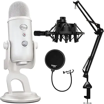 Blue Microphones Yeti USB Microphone (Midnight Blue) with Desktop Boom Arm Microphone Stand, Knox Gear Shock Mount for Blue Yeti and Yeti Pro Microphones and Pop Filter (2-Pack) Bundle (5 Items)