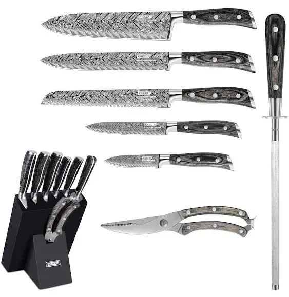 Chef Knife Set, Karcu Professional 8-Piece German High Carbon Stainless Steel Kitchen Knife Block Sets with Sharpener, Black