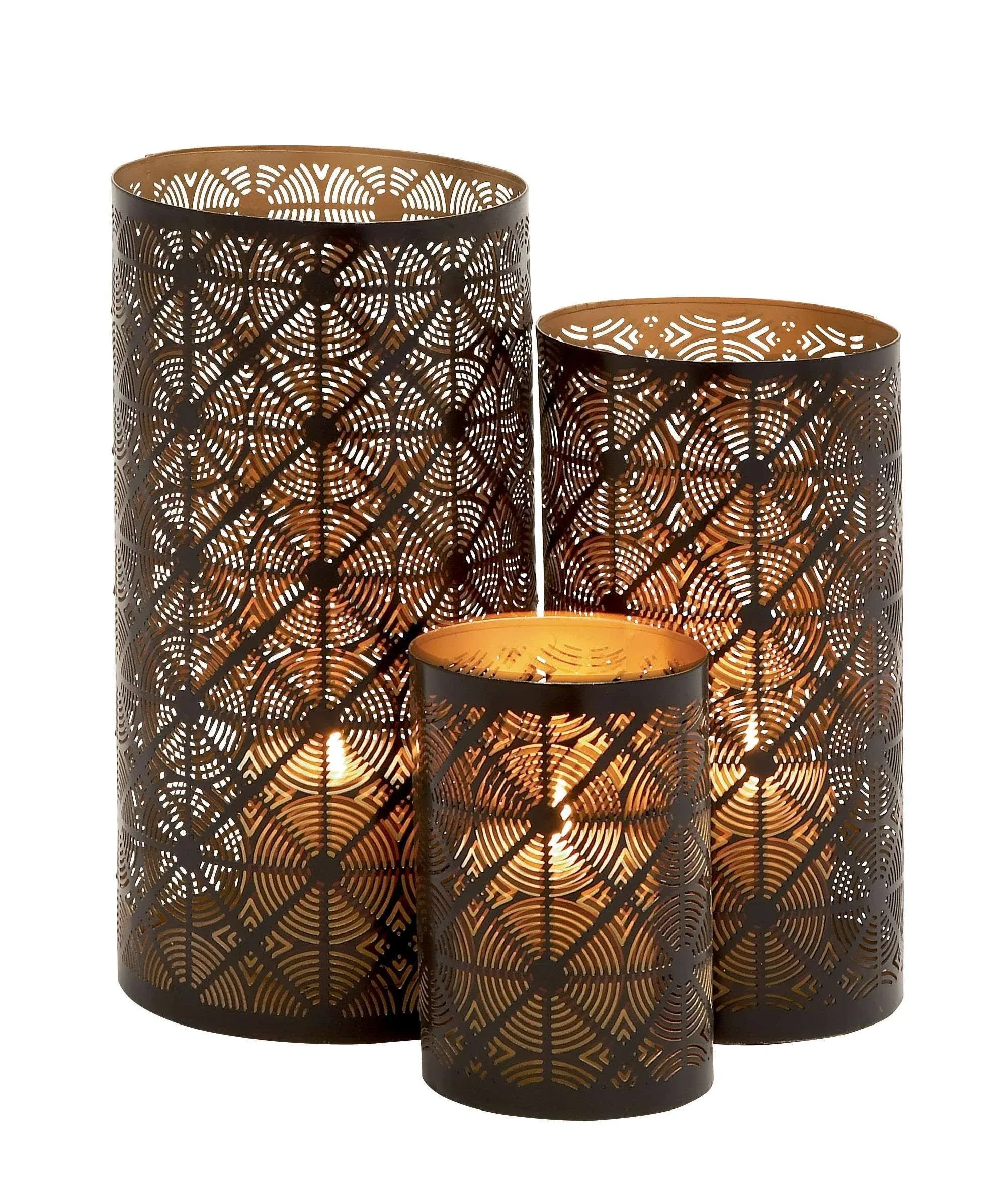 Deco 79 Metal Geometric Indoor Outdoor Candle Lantern Decorative Lantern Candle Holder, Set of 3 Lantern 12", 10", 6"H, Dark Brown