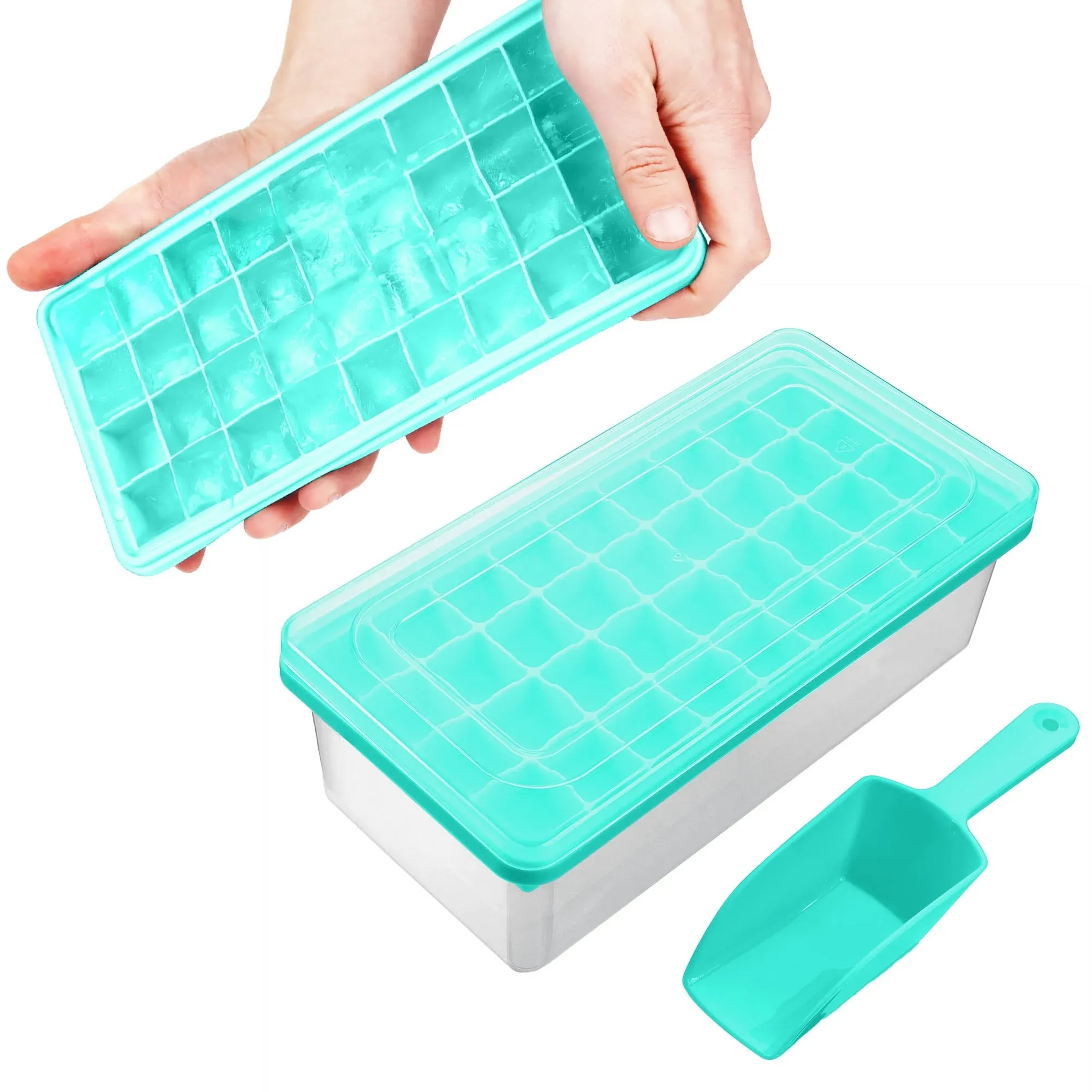 Ice Cube Tray With Lid & Bin | BPA Free Silicone Ice Cube Tray With Lid, Container & Scoop | Stackable 36 Nugget Ice Tray for Freezer With Easy Release | Large Ice Mold Maker for Cocktails & Whisky