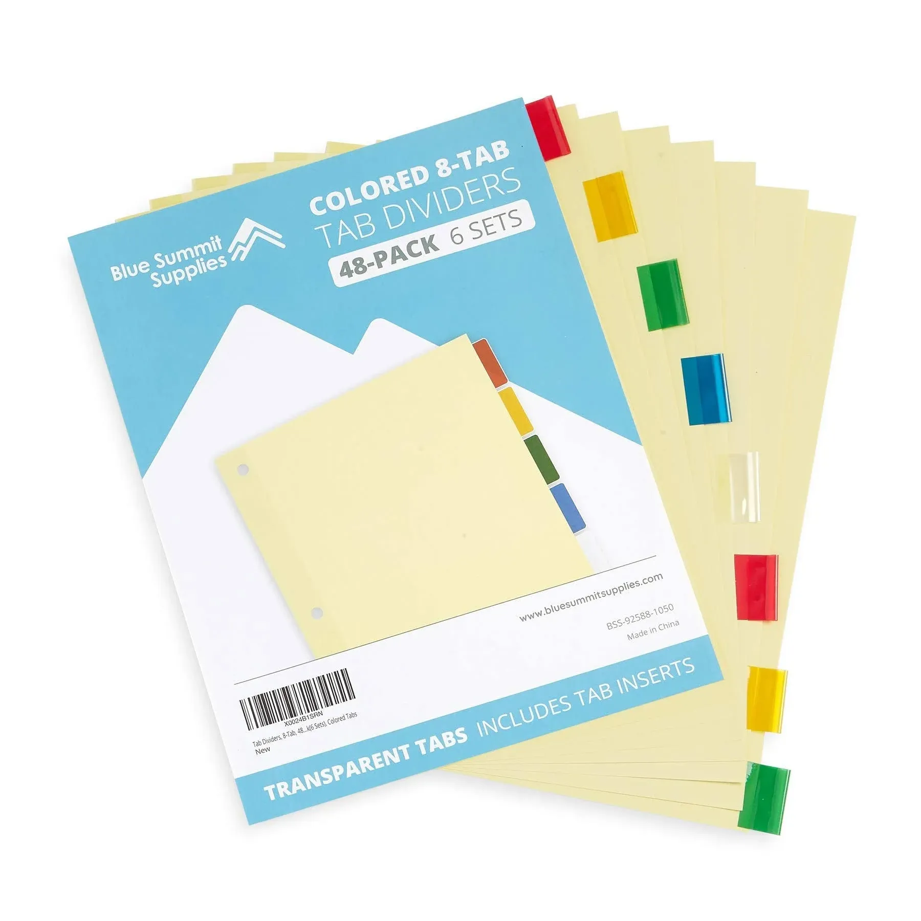 Blue Summit Supplies 8-Tab Binder Dividers, Manila Paper with Insertable Colored Plastic Tabs, Reinforced 3 Ring Dividers with Perforated Paper Tab Inserts, 6 Sets