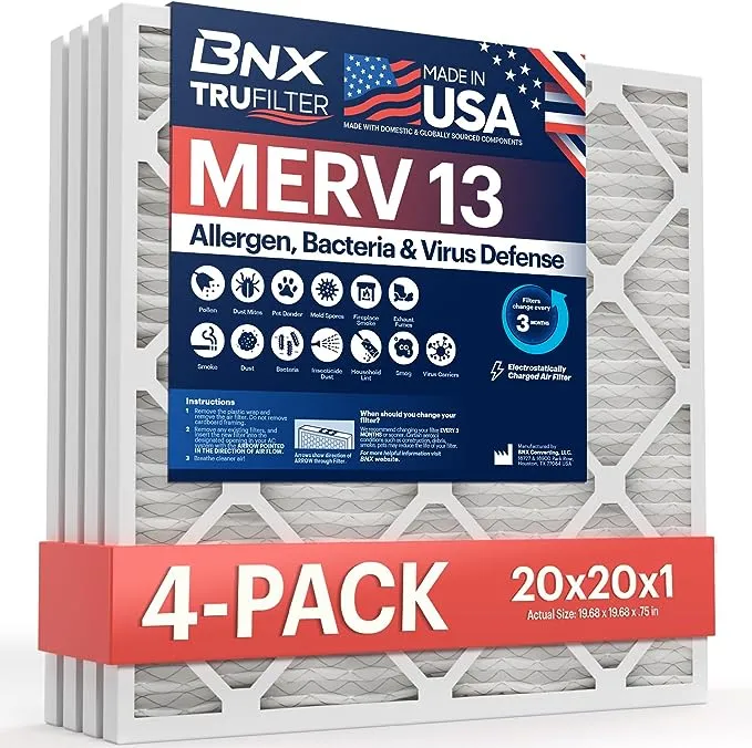 BNX 20x20x1 MERV 13 Furnace Air Filter, 4 Pack Made in USA HVAC AC Furnace