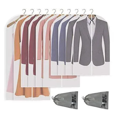 10 Packs Garment Bags for Hanging Clothes, Translucent Suit Bags for Closet Storage, Plastic Waterproof Suit Cover Bags with Zipper for Coats, Jackets, Dresses (24" x 40" & 48" & 55")