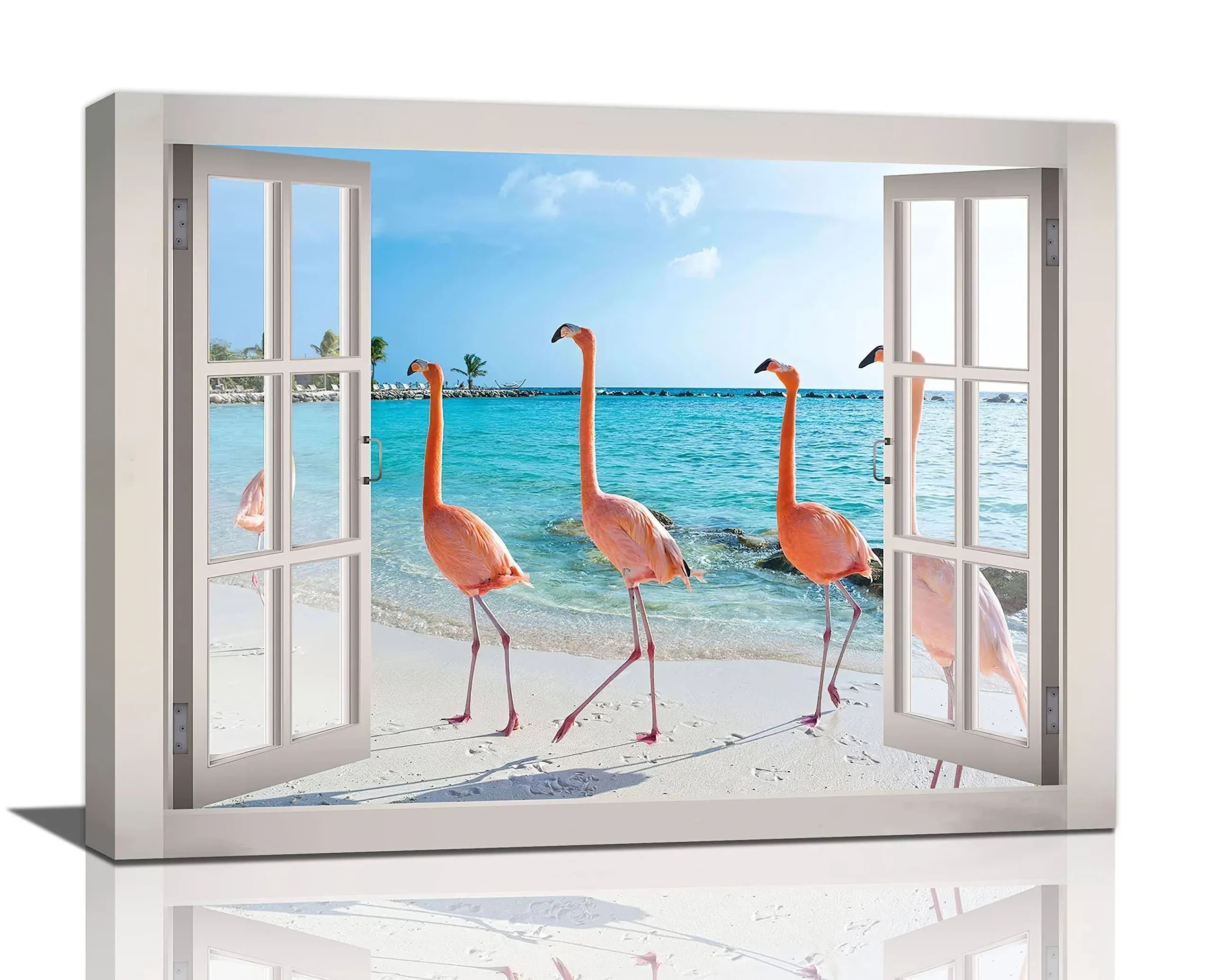 Flamingo Beach Bathroom Wall Art Tropical Palm Coastal Ocean Pictures Wall Decor Pink Flamingo 3d Window Canvas Prints Framed Modern Animals Painting Artwork for Bathroom Living Room Office 16"x12"