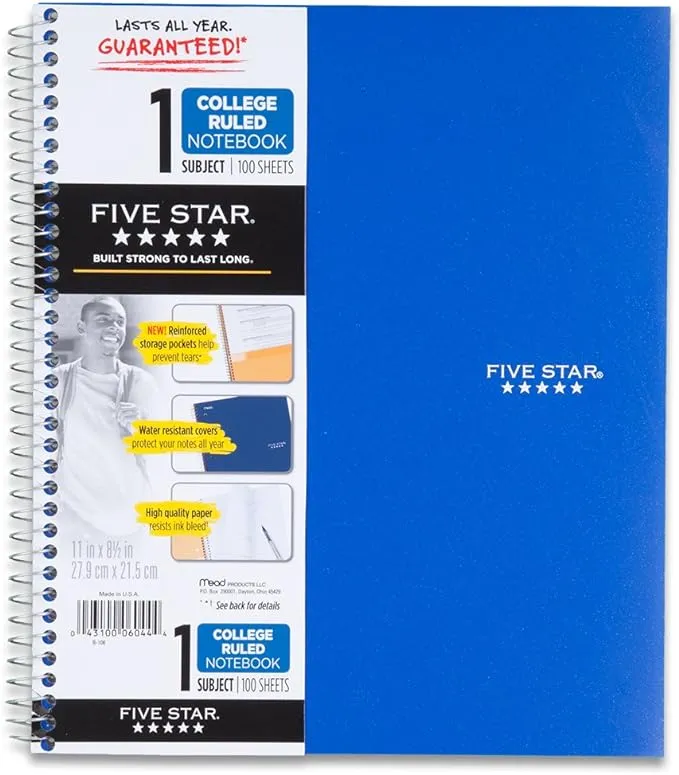 Five Star Spiral Notebook Plus Study App, 1-Subject, College Ruled Paper, 100 Sheets, 8-1/2" x 11", Pacific Blue (72565)