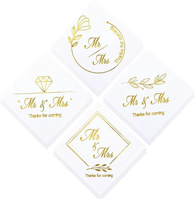 100 PK Gold Foil Wedding Napkins for Wedding Reception - 4 Assorted Designs - 3 ply Mr and Mrs Napkins Wedding Cocktail Napkins Beverage Dessert Napkins for Wedding Shower Decorations for Tables