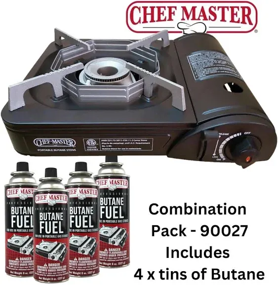 Chef Master Portable Butane Camping Stove COMBO, Piezo Ignition 7,650 BTU, Wind-Guard Portable Stove Burner with 4 x 8oz. Butane Fuel Canister for Emergency, Hiking, Outdoor Camping Essentials 90027