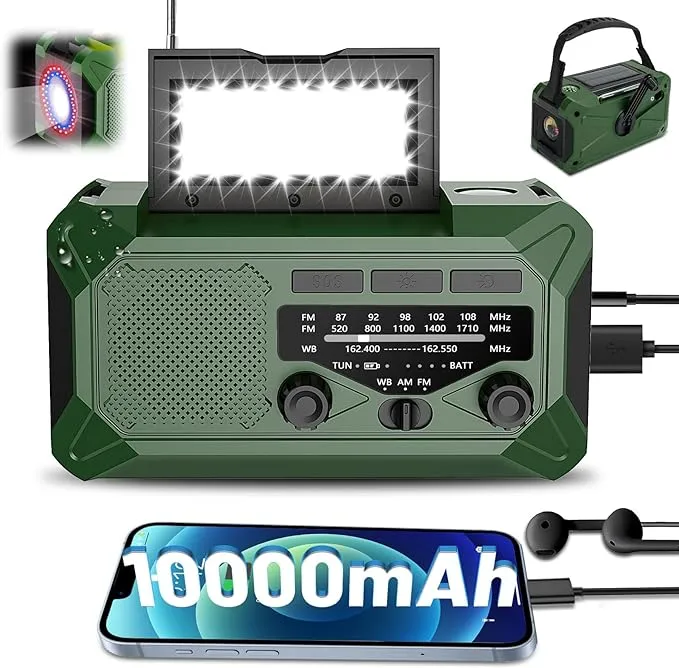 Emergency Hand Crank Weather Radio,Toolchums 10000mAh AM/FM/NOAA Solar Powered Radio with Phone Charger, USB Charged, LED Flashlight Reading Lamp Headphone Jack, SOS Alarm, Compass for outdoor camping