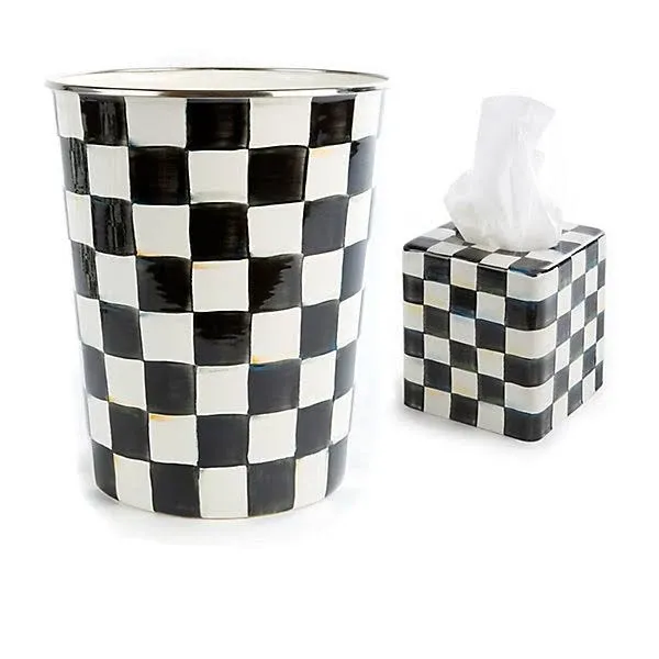 MACKENZIE-CHILDS Enamel Square Tissue-Box Cover and Waste-Bin Set, Tissue Holder and Wastebasket for Bathroom or Home Decor, Black-and-White Courtly Check