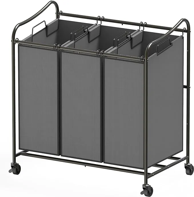 Simple Houseware Heavy Duty 3-Bag Laundry Sorter Rolling Cart, Dark Grey