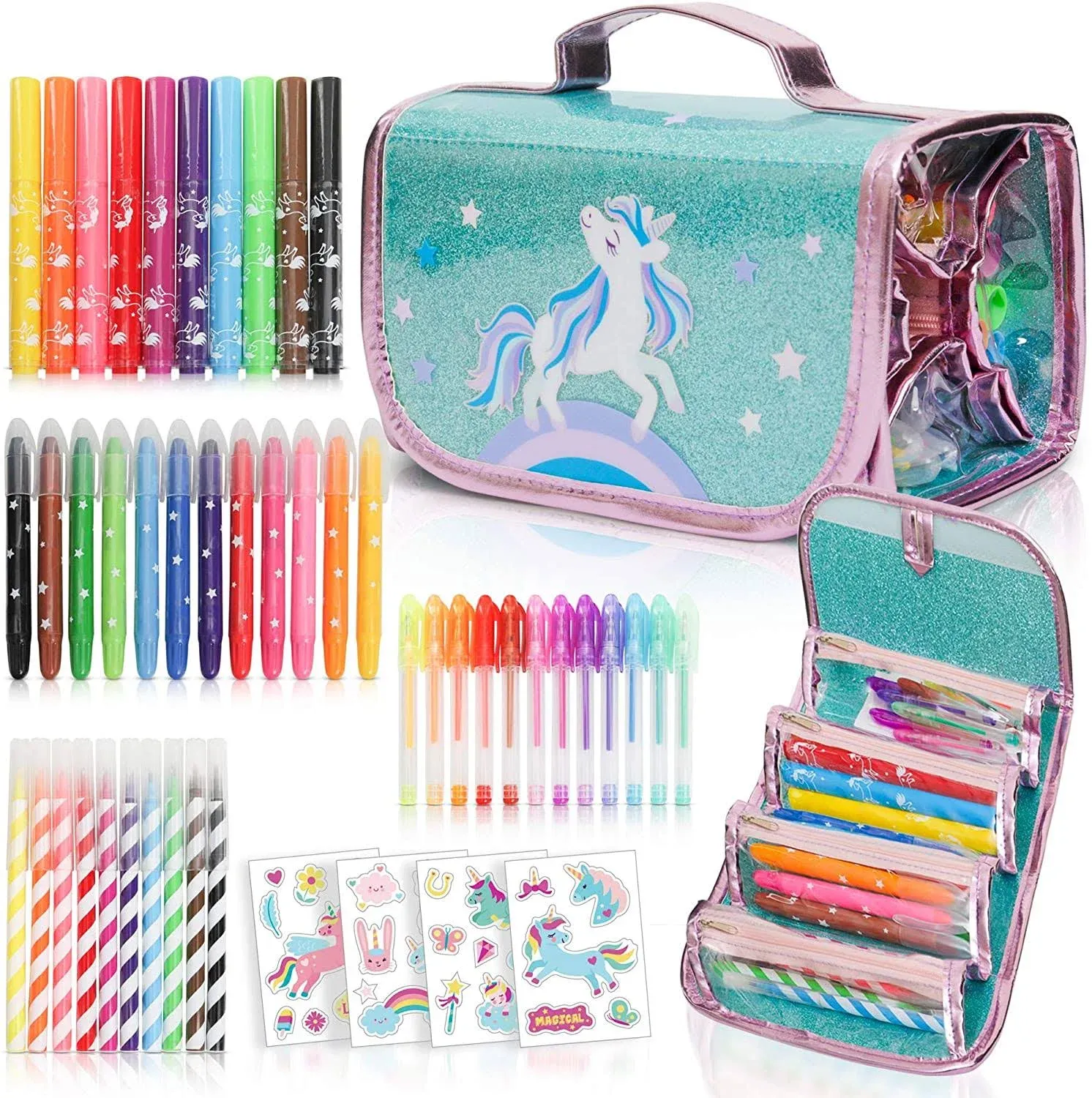 Amitié Lane Silly Scented Markers For Kids. Arts & Crafts Unicorn Gifts for Girls 6-8. Fun Kids Toys For Girls that includes Unicorn Markers, Crayons, Stickers and Carrying Case.