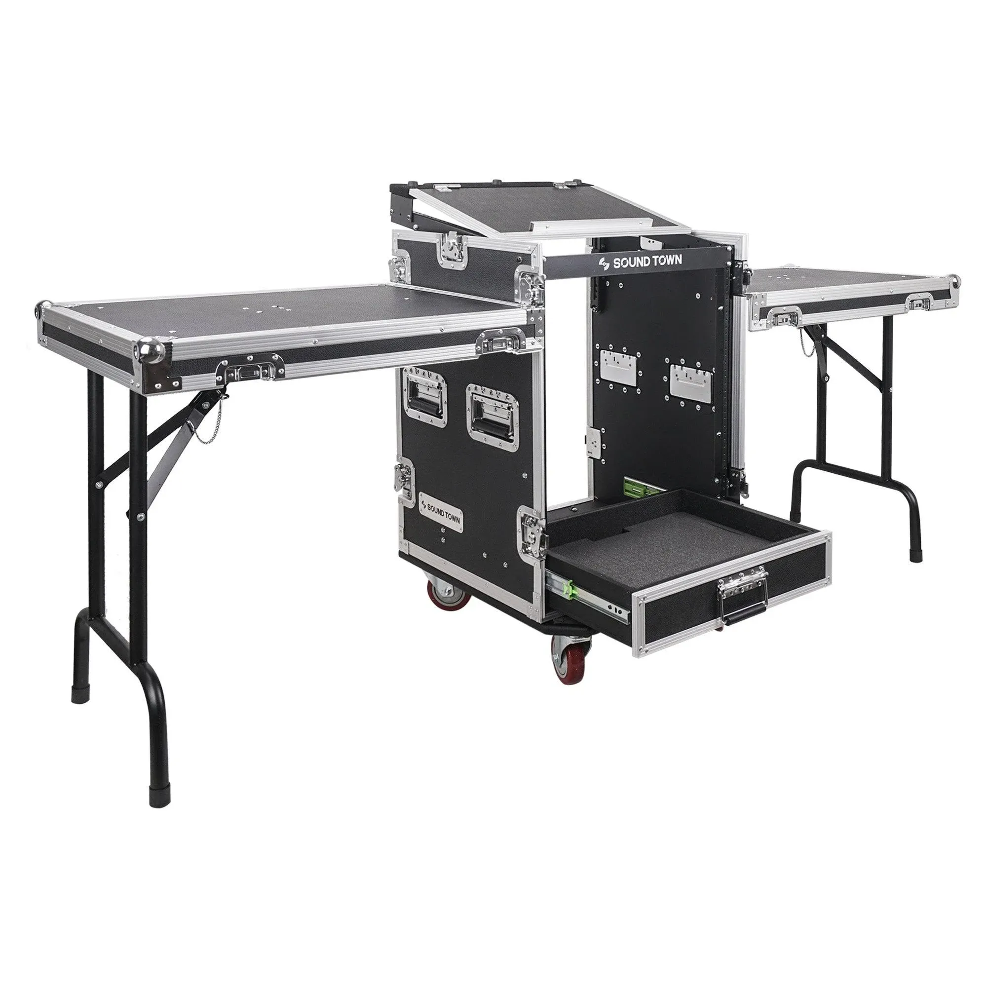 Sound Town 14U PA DJ Pro Audio Rack/Road ATA Case with 2U Drawer, 11U Slant Mixer Top, Two DJ Work Tables, Casters, Pro Tour Grade (MR-DR14UT2)