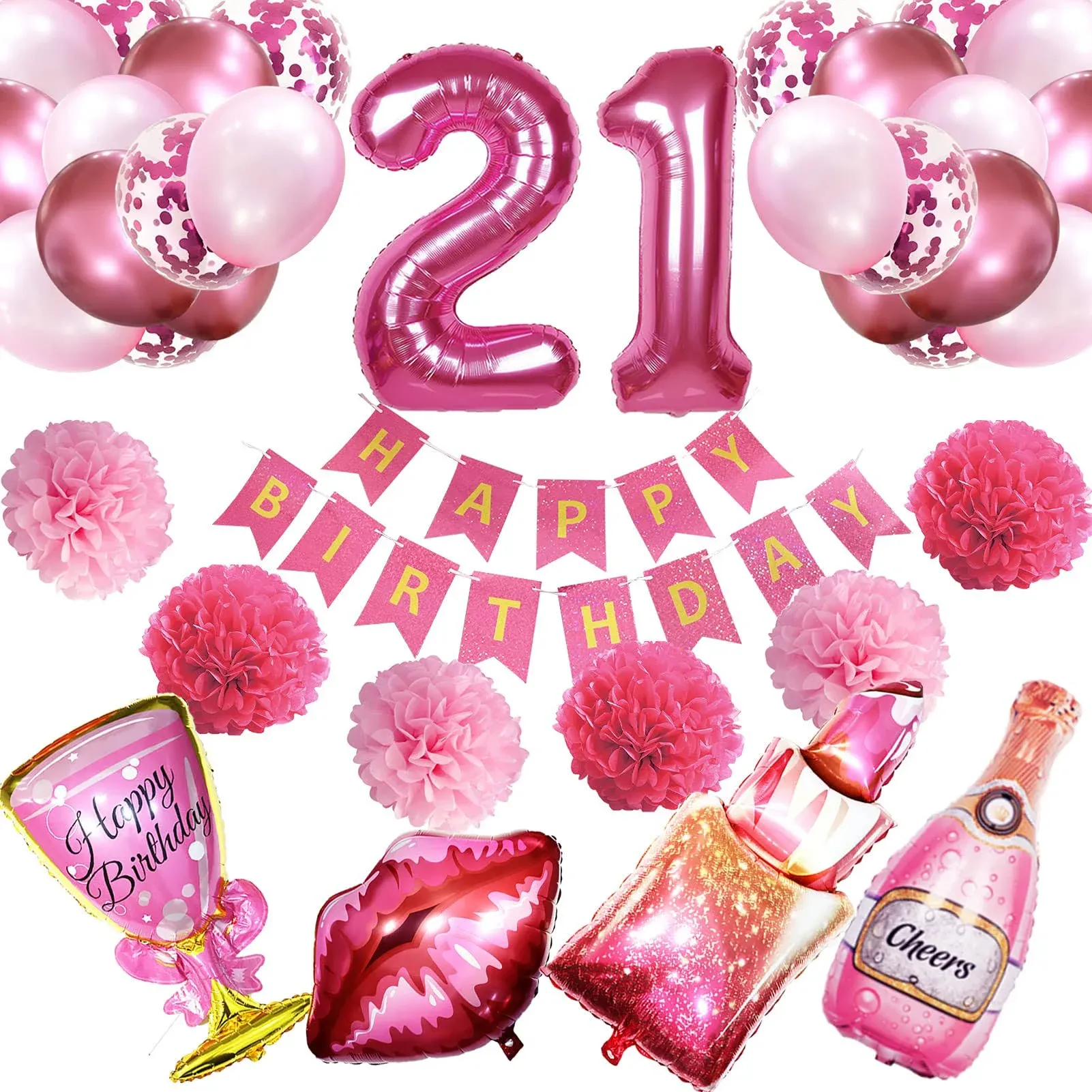 Crenics 21st Birthday Decorations for Her - Hot Pink Happy Birthday Banner Po...