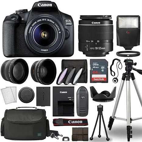 Canon Cameras EOS 2000D / Rebel T7 Digital SLR Camera Body w/Canon EF-S 18-55mm f/3.5-5.6 Lens 3 DSLR Kit Bundled with Complete Accessory Bundle+ 64GB+ Flash+ More - International Model (Renewed)