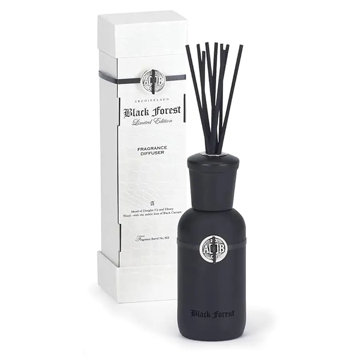 Archipelago Botanicals Black Forest Reed Diffuser, Scented Oil Diffuser with Decorative Black Wooden Cap & 10 Black Reed Diffuser Sticks, Perfect Air Freshener for Room Décor, 7.85 fl oz