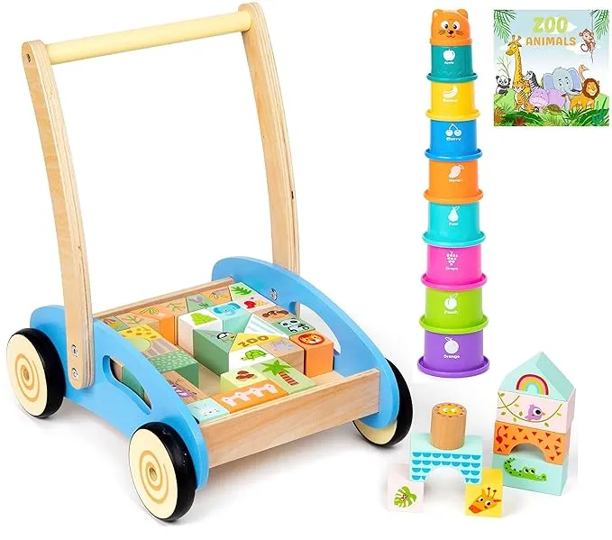 PIDOKO KIDS Wooden Baby Walker - 1 Year Old Boy Girl Gifts - includes Stacking Sorting Cups, Zoo Themed Blocks and Book - Developmental Montessori Learning Toys for Babies 12 Months +