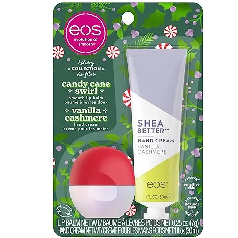 EOS Limited Edition Holiday Collection- Candy Cane Swirl Lip Balm & Vanilla Cashmere Hand Cream, 24-Hour Hydration, 2-Pack, Clear