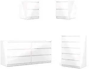 4pc Set with 2 Nightstands 1 Double Dresser and 1 Chest in White Gloss