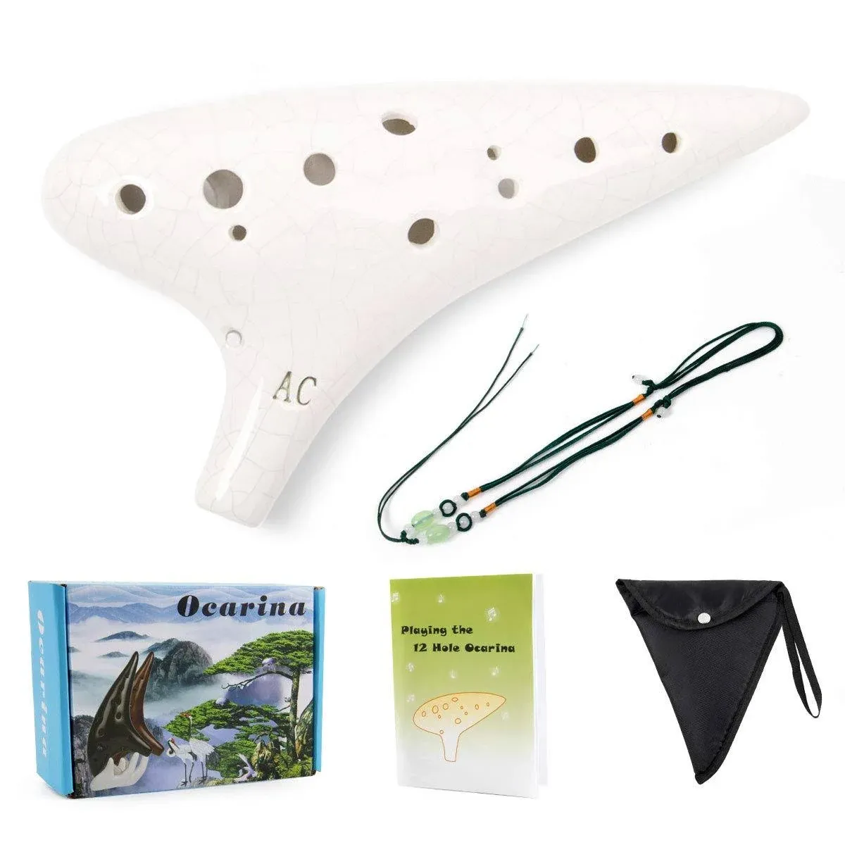 Lotmusic Horse Ceramic Ocarina Instrument,12 Tones Alto C with Song Book Carrying bag Neck String Neck Cord