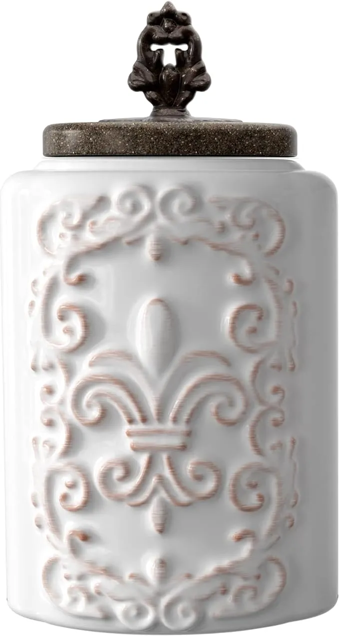 American Atelier Food Storage Ceramic Canister Jar, Fleur De Lis Embossed Design & Airtight Stainless-Steel Lid For Sugar, Flour & More, White