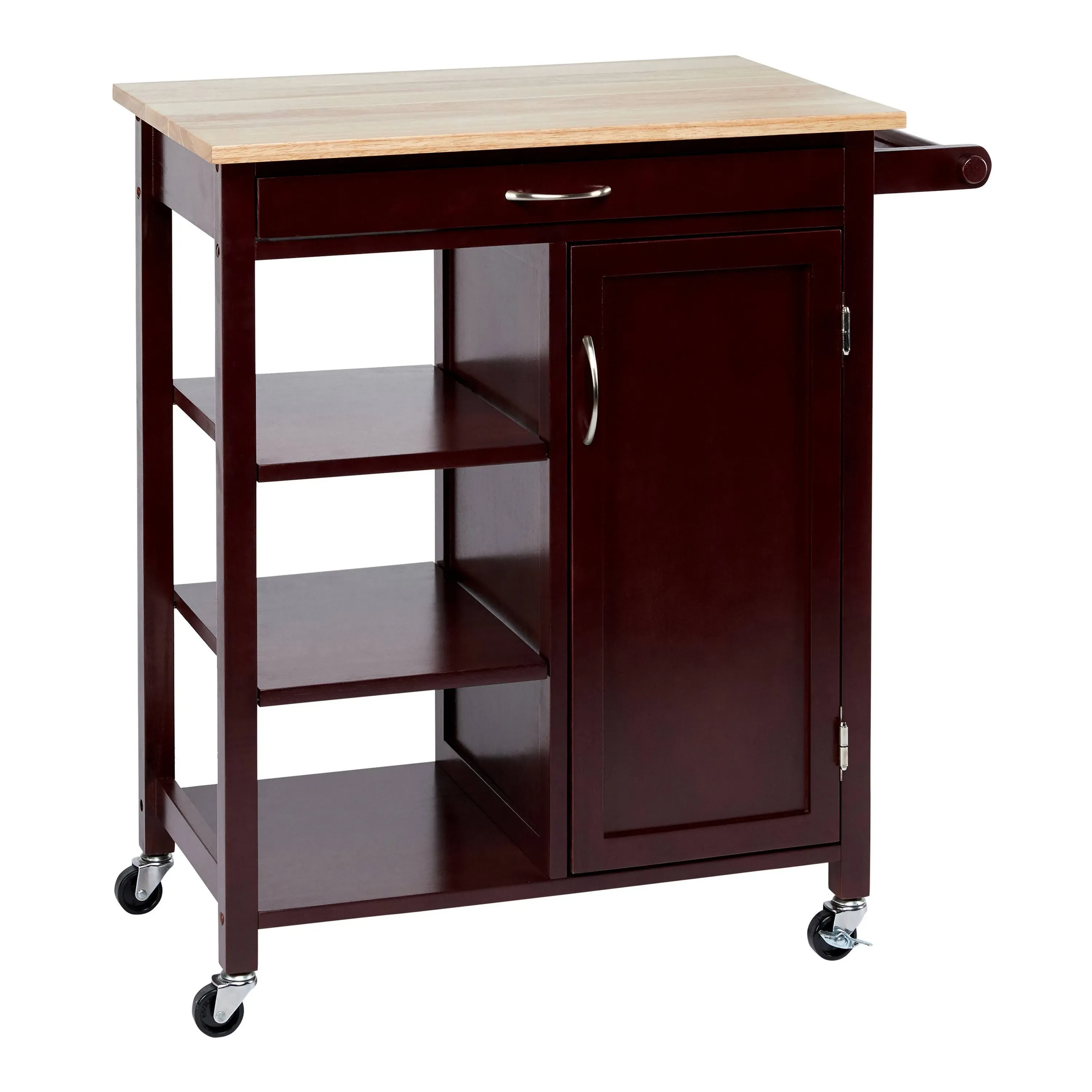 Wooden Rectangular Kitchen Cart with 1 Door and Open Compartments, Espresso Brown