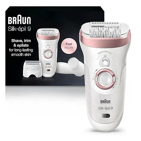 Braun Epilator Silk-épil 9 9-880, Facial Hair Removal for Women, Wet & Dry, Facial Cleansing Brush, Women Shaver & Trimmer, Cordless, Rechargeable,