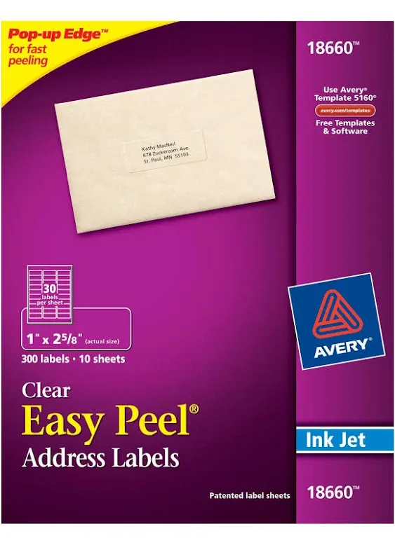 Avery 18660 Matte Clear Easy Peel Address Labels, Inkjet, 1 X 2 5/8, 300/Pack