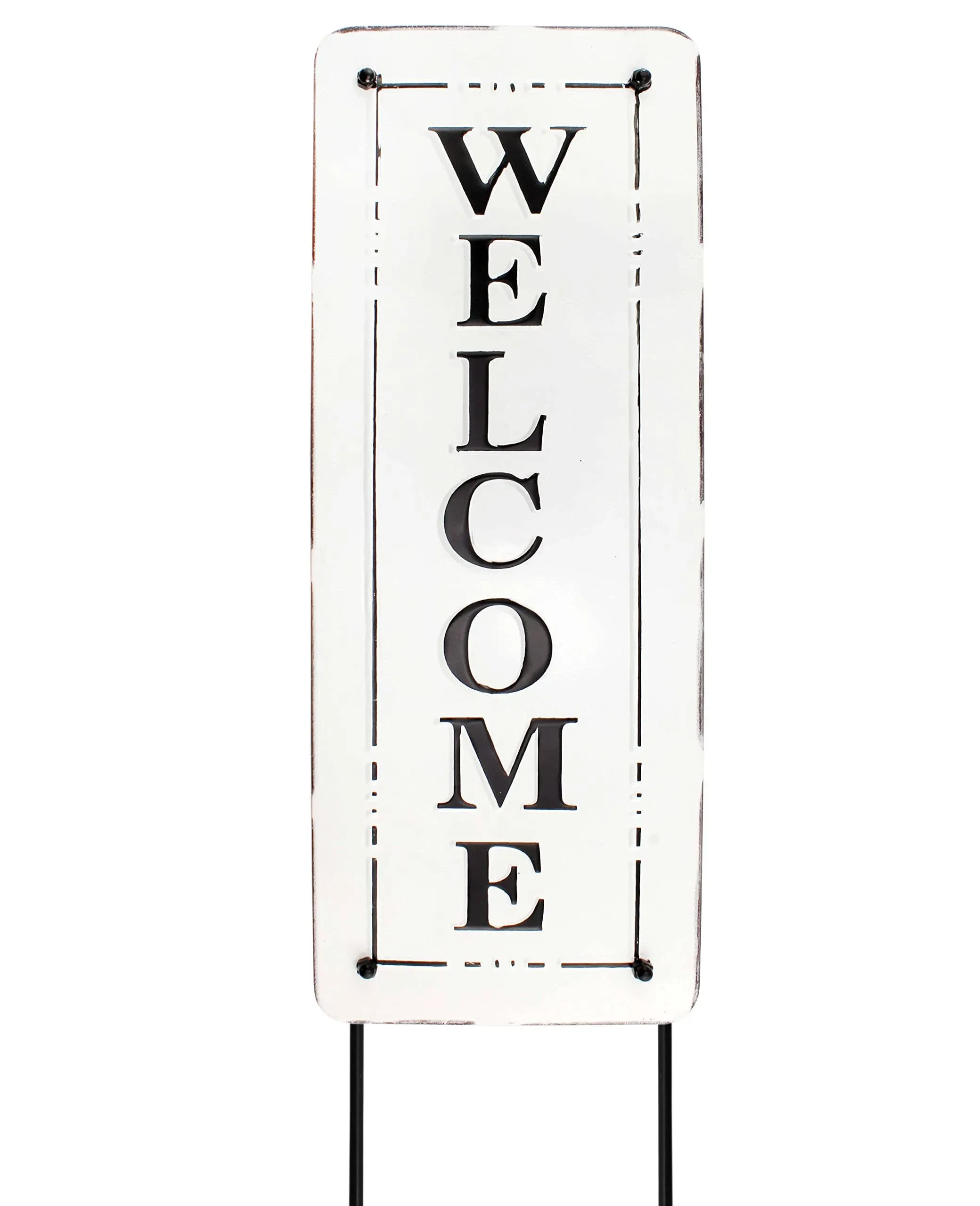 AuldHome Metal Outdoor Welcome Sign; Black and White Enamel Coated Steel Yard Sign