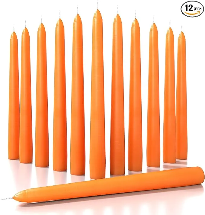 CANDWAX 8 inch Taper Candles Set of 12 - Tapered Candles Dripless and Unscented - Tall Candles Long Burning Perfect for Halloween Candles Decor - Orange Candles