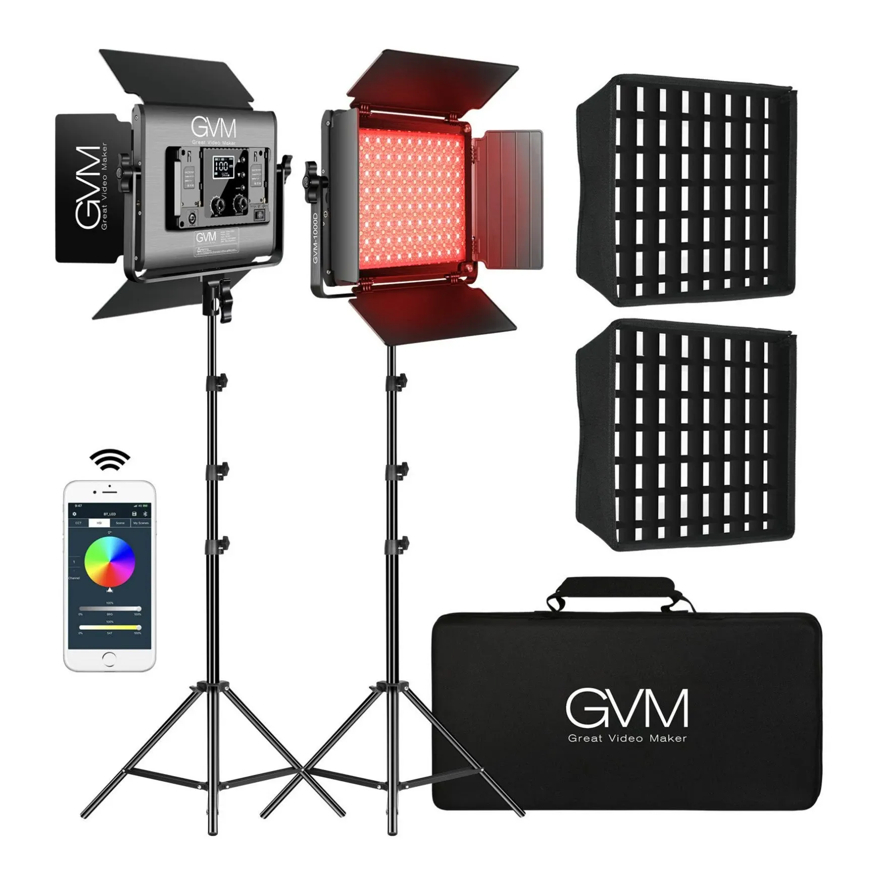 GVM RGB LED Studio Video Bi Color Soft 2 Light Panel Light Kit with 2 Softboxes