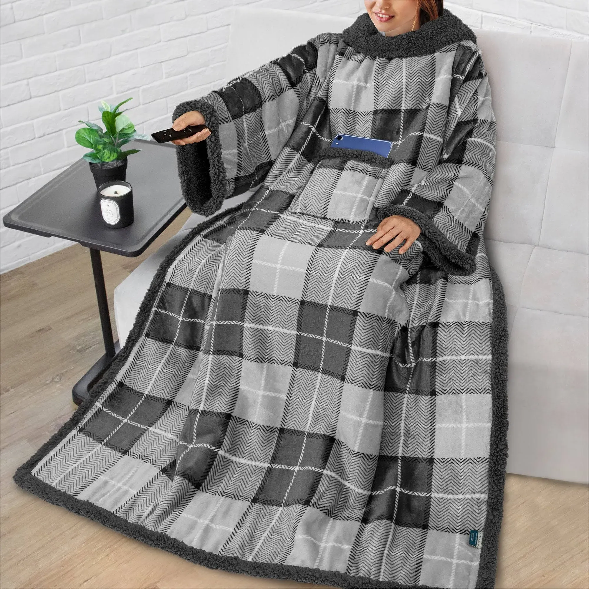 PAVILIA Sherpa Fleece Blanket with Sleeves Women Men Adult, Wearable Blanket Warm Soft Plush Thick, Snuggle Pocket Sleeved TV Throw Wrap, Cozy Ideas Mom Wife, Plaid Gray