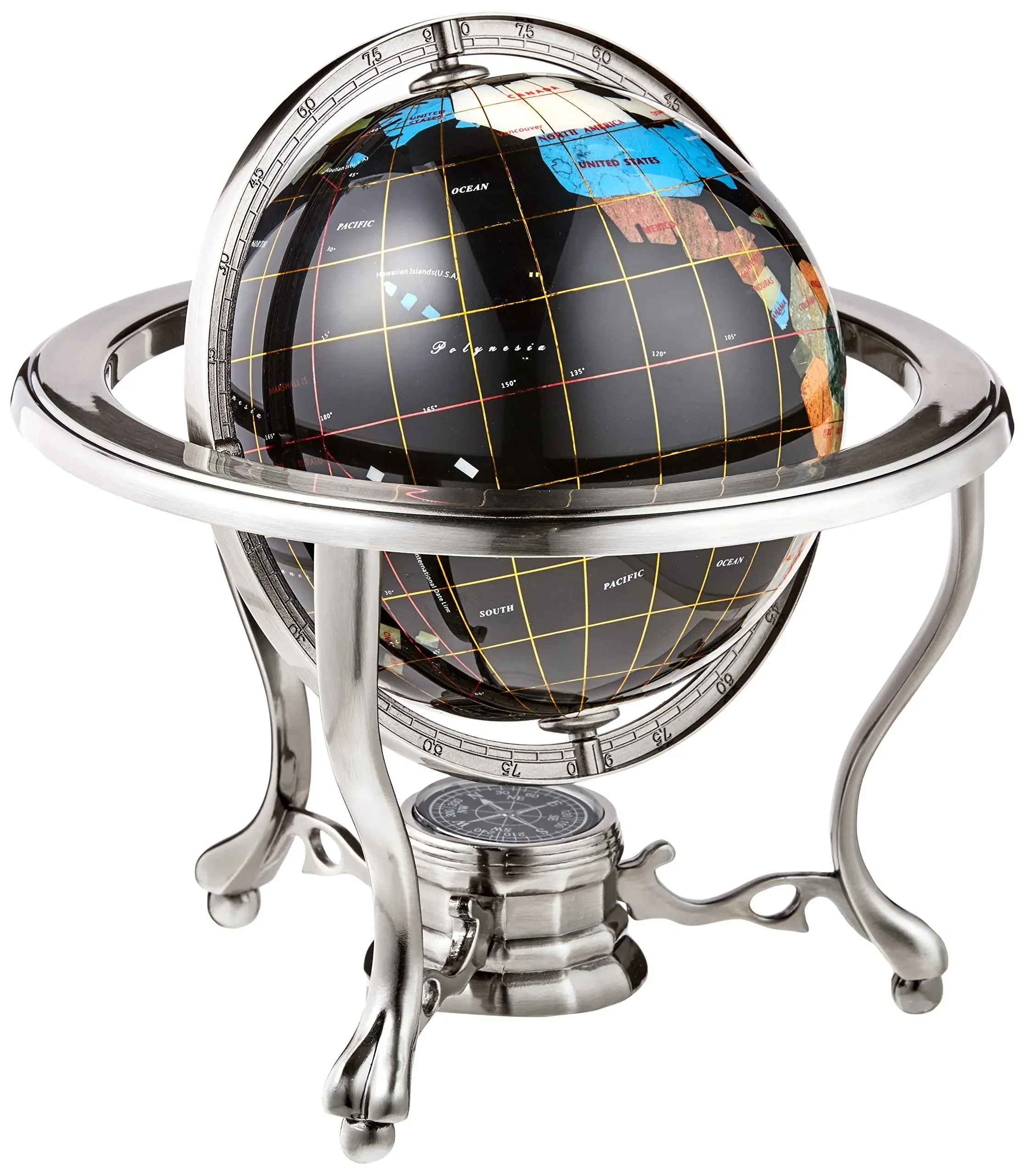 Unique Art 10-Inch Tall Table Top Black Onyx Ocean Gemstone World Globe with ...