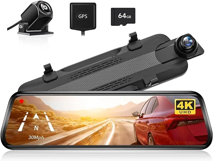 4K 10 in. Rear View Mirror Camera, Dash Cam Front and Rear for Car with 64gb Card, Touch Screen Smart Rear View Mirror