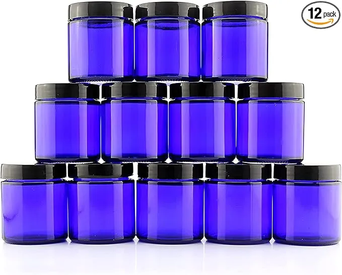 4-Ounce Cobalt Blue Glass Straight Sided Cosmetic Jars (12-Pack); 120 ml. Capacity, BPA-Free Lids