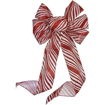 Candy Cane Stripes Christmas Bow - 10&#034; Wide, 18&#034; Long Pre-Tied Bow, Red and Whit